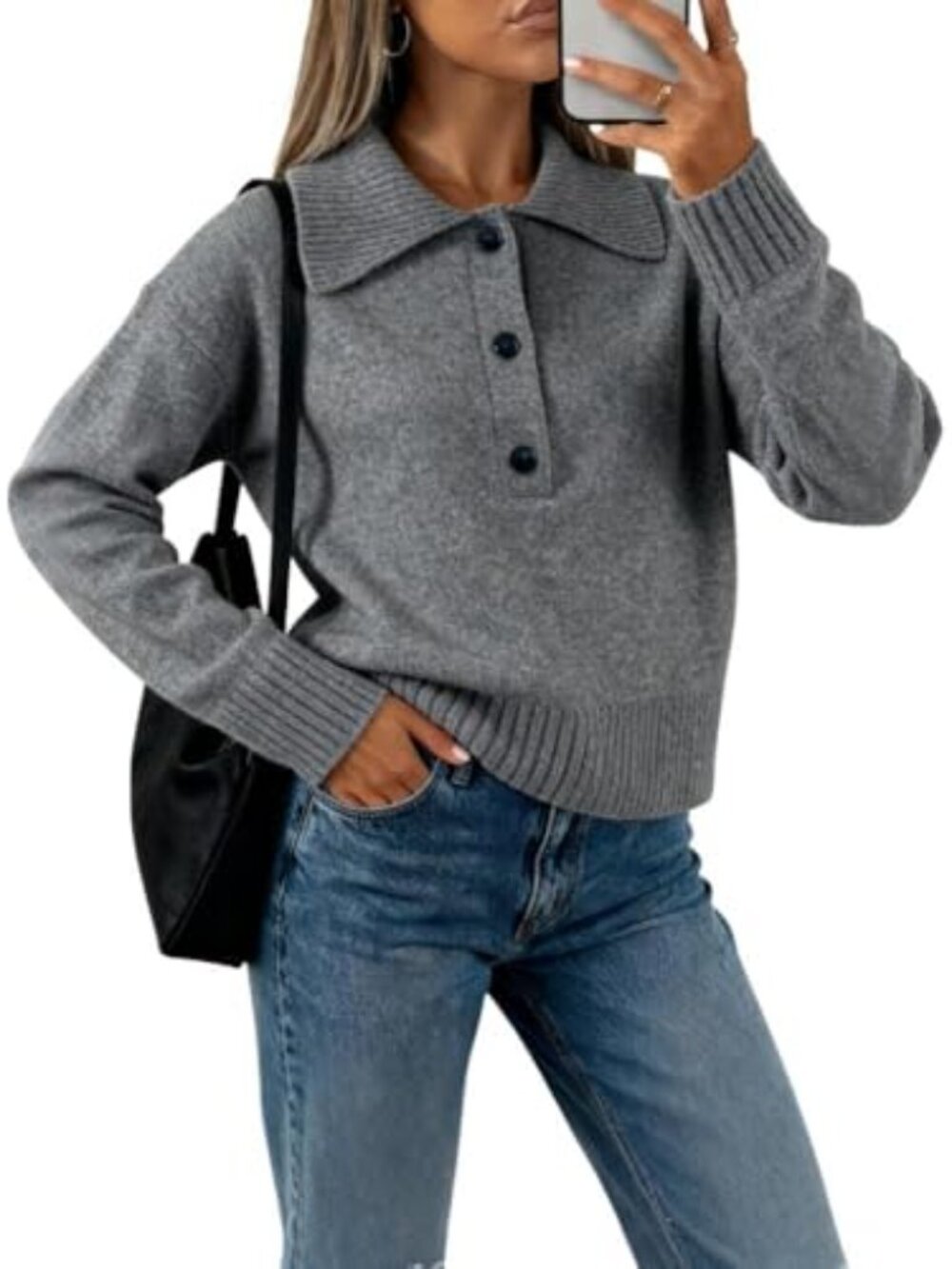 Polo Knit Sweater Pullover V Neck Lapel Collar Button Long Sleeve Loose Ribbed - Picture 2 of 7